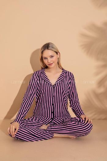 Lamelif Çizgi Desenli Gömlek Yaka Pijama Seti