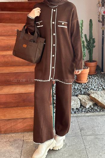 Lamelif Cep Detay Görünümlü Triko Tesettür Takım Acı Kahve