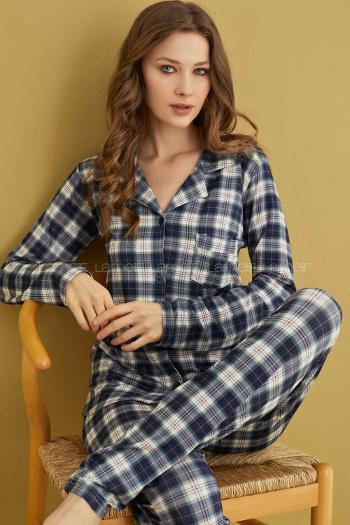 Lamelif Ekose Desenli Viscose Kumaş Pijama Takım Seti