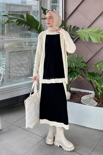 Lamelif Fitilli Kumaş Triko Tesettür Takım Krem