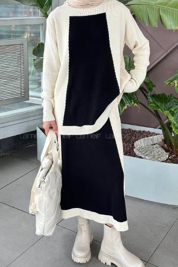 Lamelif Fitilli Kumaş Triko Tesettür Takım Krem