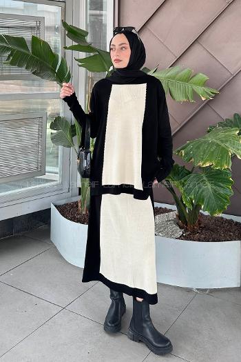 Lamelif Fitilli Kumaş Triko Tesettür Takım Siyah