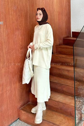 Lamelif Fitilli Triko Etekli Tesettür Takım Ekru