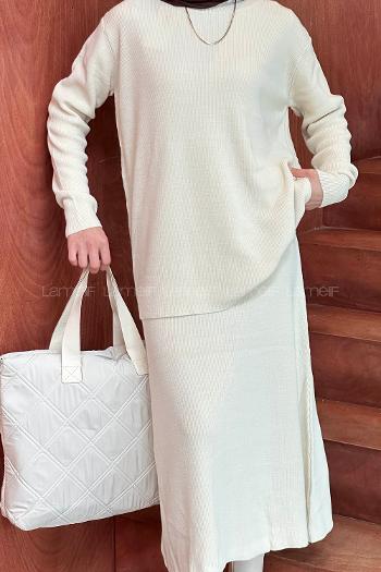 Lamelif Fitilli Triko Etekli Tesettür Takım Ekru