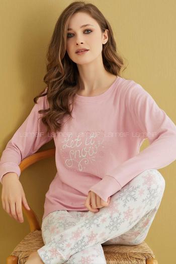 Lamelif Fun Times Kar Tanesi Desenli Termal Pijama Takımı Pembe