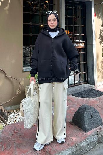 Lamelif Önü Fermuarlı Kapüşonlu 3 İplik Sweatshirt Hırka Siyah