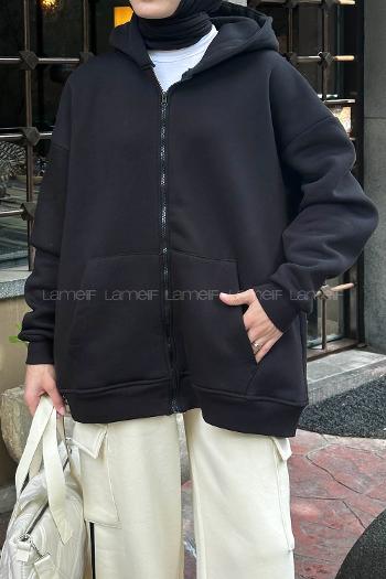 Lamelif Önü Fermuarlı Kapüşonlu 3 İplik Sweatshirt Hırka Siyah