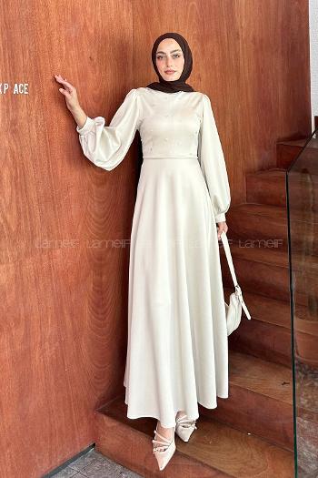 Lamelif Scuba Kumaş Taş Detaylı Tesettür Elbise Taş Rengi