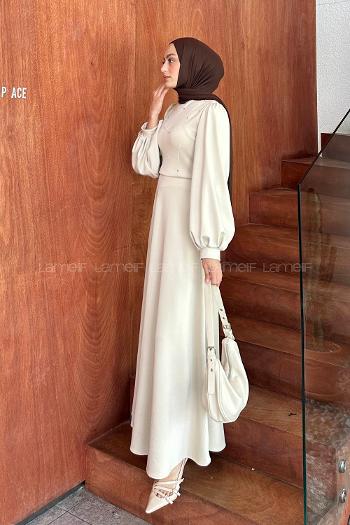 Lamelif Scuba Kumaş Taş Detaylı Tesettür Elbise Taş Rengi