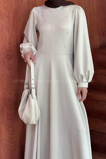 Lamelif Scuba Kumaş Taş Detaylı Tesettür Elbise Taş Rengi