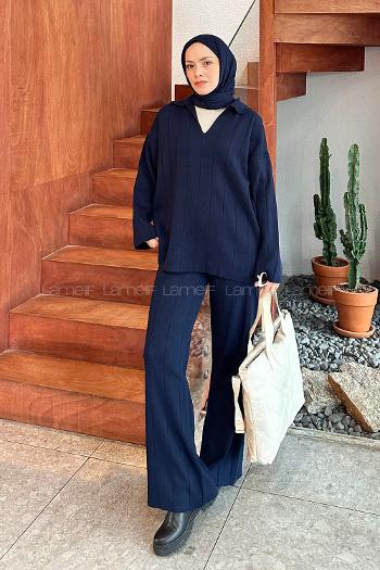 Lamelif Yaka Detay İkili Tesettür Takım Lacivert