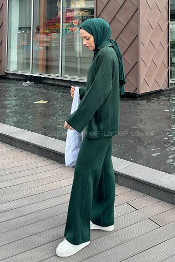 Lamelif Yaka Detay İkili Tesettür Takım Zümrüt