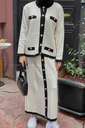 Lamelif Cep Detaylı Düğme Detaylı Triko Tesettür Takım Ekru