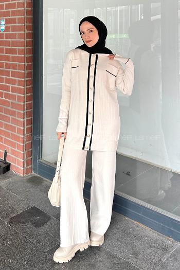 Ecru Shirt Collar Long Arm Knitwear Regular Trousers Comfortable Suit