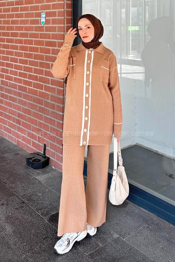 Brown With Milk Shirt Collar Long Arm Knitwear Regular Trousers Comfortable Suit