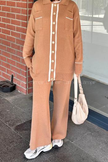 Brown With Milk Shirt Collar Long Arm Knitwear Regular Trousers Comfortable Suit