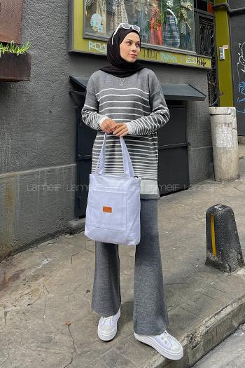 Lamelif Çizgili Triko Tesettür Takım Gri