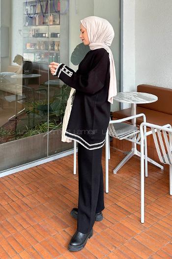 Lamelif Kol Düğme Detaylı Triko Tesettür Takım Siyah