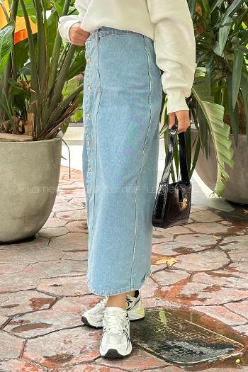 Lamelif Düğmeli Kot Etek Buz Mavisi