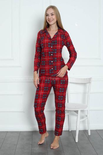 Lamelif Kırmızı Ekose Desen Düğmeli Pijama Seti