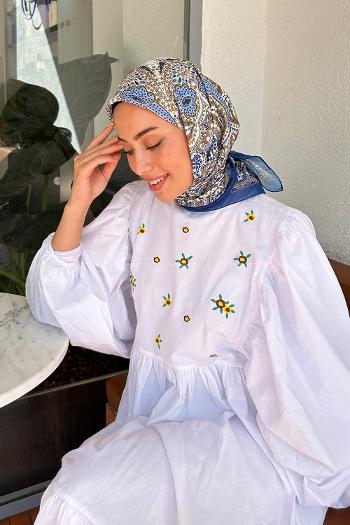 Lamelif Retro Desen Pamuk Eşarp Lacivert-Karamel