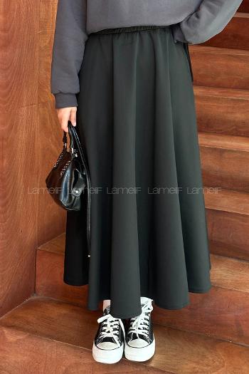 Lamelif Scuba Kumaş Kloş Etek Siyah