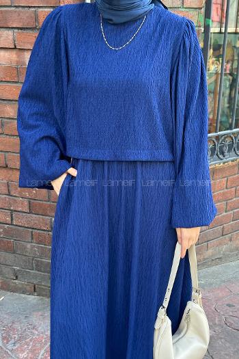 Lamelif Balon Kol Krinkıl Etek Tesettür Takım Lacivert