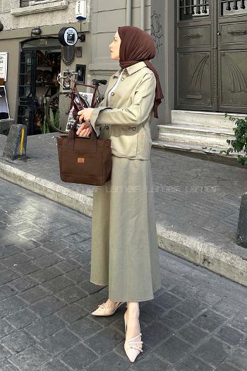 Lamelif Cep Detaylı İkili Etek  Tesettür Takım Haki