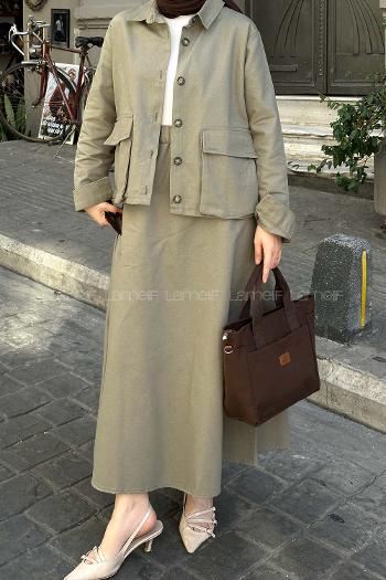 Lamelif Cep Detaylı İkili Etek  Tesettür Takım Haki