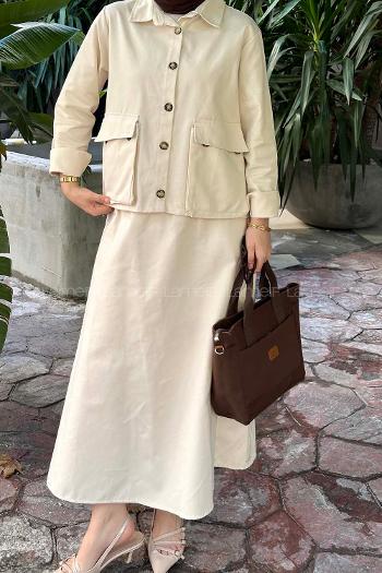 Lamelif Cep Detaylı İkili Etek  Tesettür Takım Krem