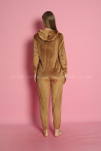 Lamelif Frans Kadife Kumaş Kapişonlu Pijama Takım Seti Camel