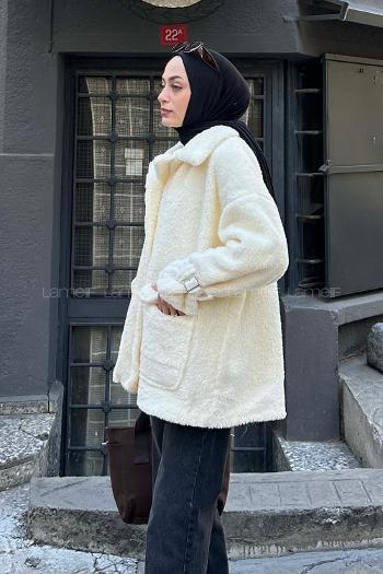 Cream Shirt Collar Long Arm Cotton Coat