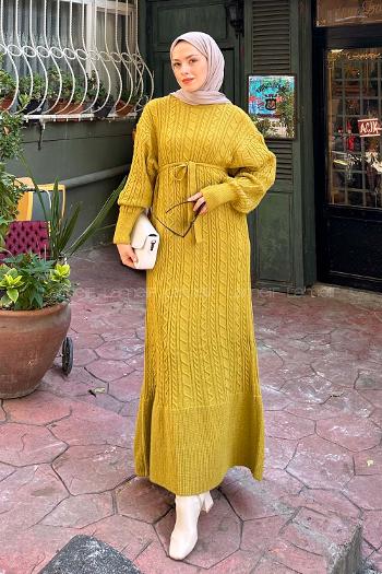 Oil Green Crew Neck Knitwear Dresess