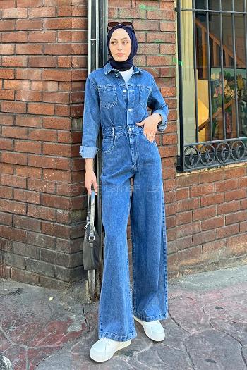 Lamelif Uzun Kollu Kot Tulum Kot Mavisi