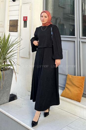 Black Crew Neck Balloon Sleeve Arm Poplin Fabric Flare Suit