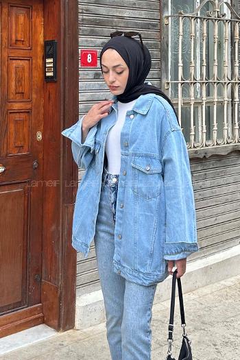 Ice Blue Shirt Collar Long Arm Cotton Fabric Denim Jacket