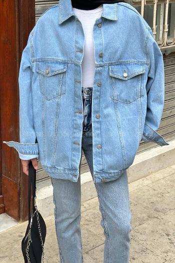 Ice Blue Shirt Collar Long Arm Cotton Fabric Denim Jacket