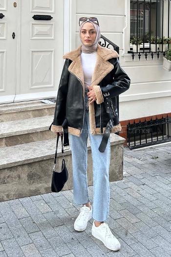Black Brown Zippered Neck Long Arm Coat