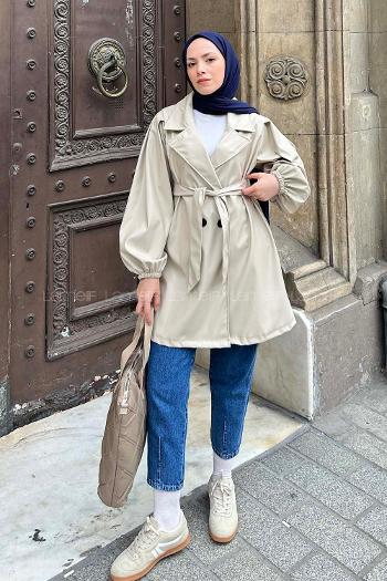 Lamelif Kruvaze Yaka Deri Mont Taş