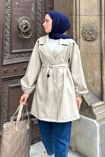 Lamelif Kruvaze Yaka Deri Mont Taş