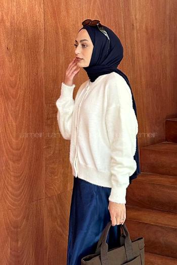 White Medium Crew Neck Long Arm Poplin Fabric Cardigan