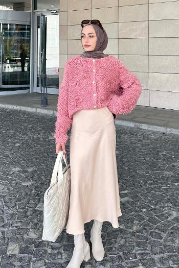 Pink Crew Neck Long Arm Cardigan