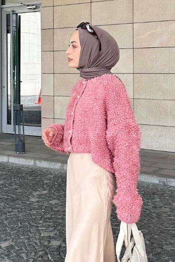 Pink Crew Neck Long Arm Cardigan