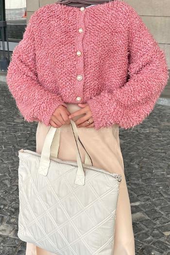 Pink Crew Neck Long Arm Cardigan