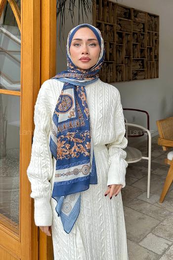 Lamelif Versa Desen Pamuk Şal Gece Mavisi İndigo