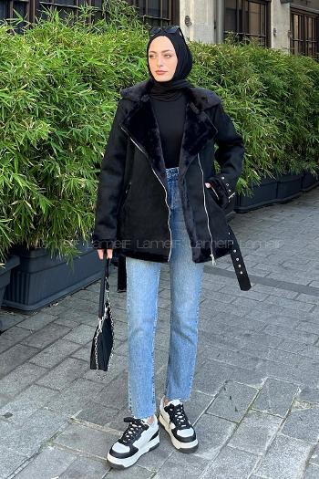 Lamelif Kürk Detaylı Süet Mont Siyah