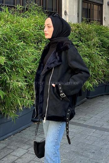 Lamelif Kürk Detaylı Süet Mont Siyah
