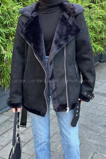 Lamelif Kürk Detaylı Süet Mont Siyah