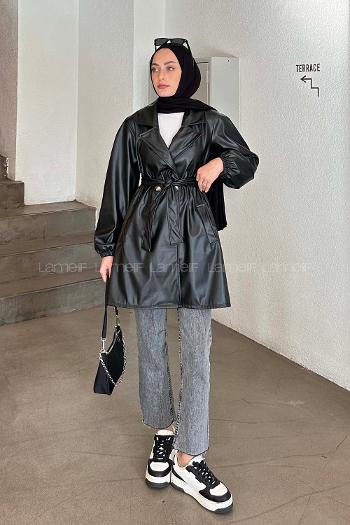 Black Long Arm Belted Buttoned Skin Trench Coat