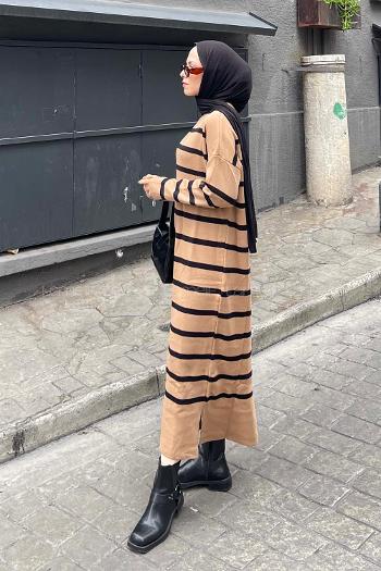 Black Brown Choker Neck Knitwear Unprinted Dresess